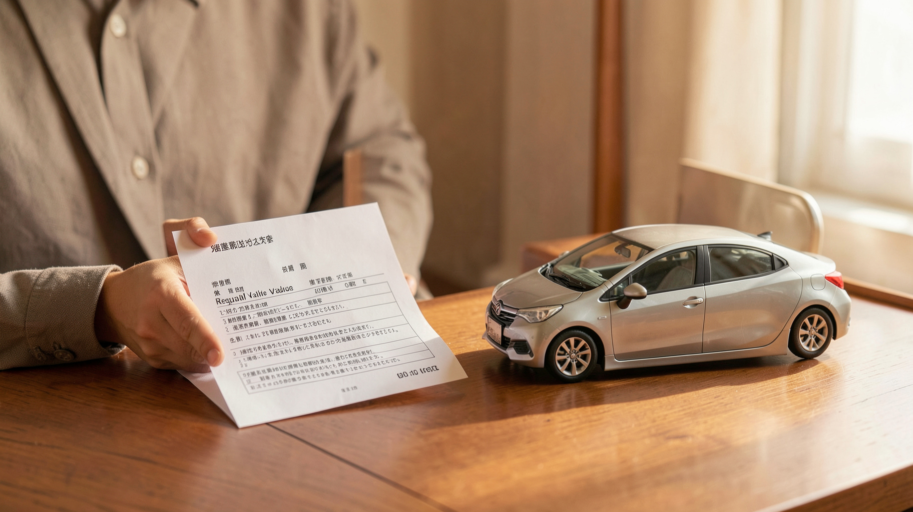 契約書と車の模型を並べて残価の説明資料を確認する担当者