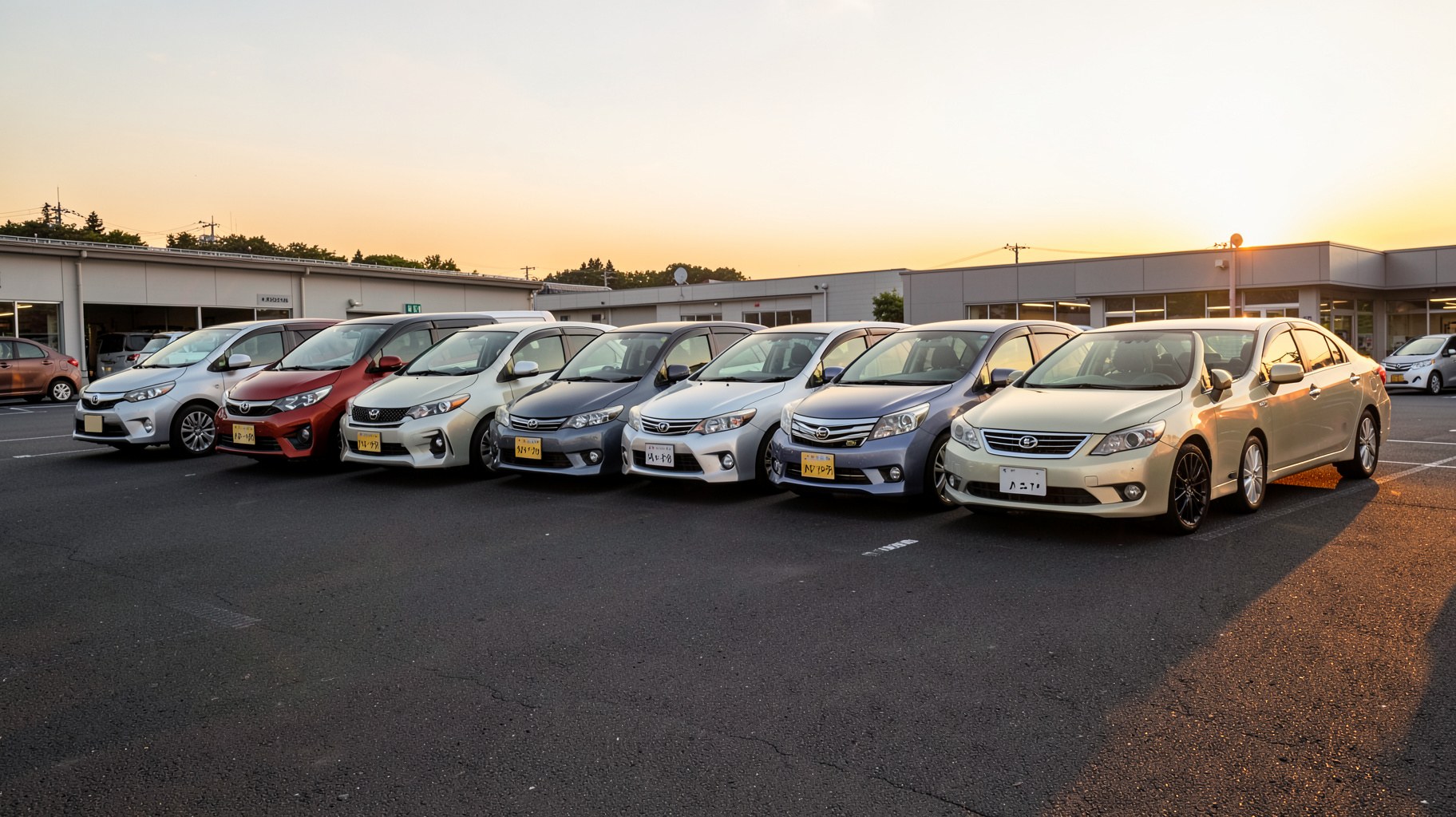 夕方の駐車場に並ぶ国産セダンとコンパクトカー
