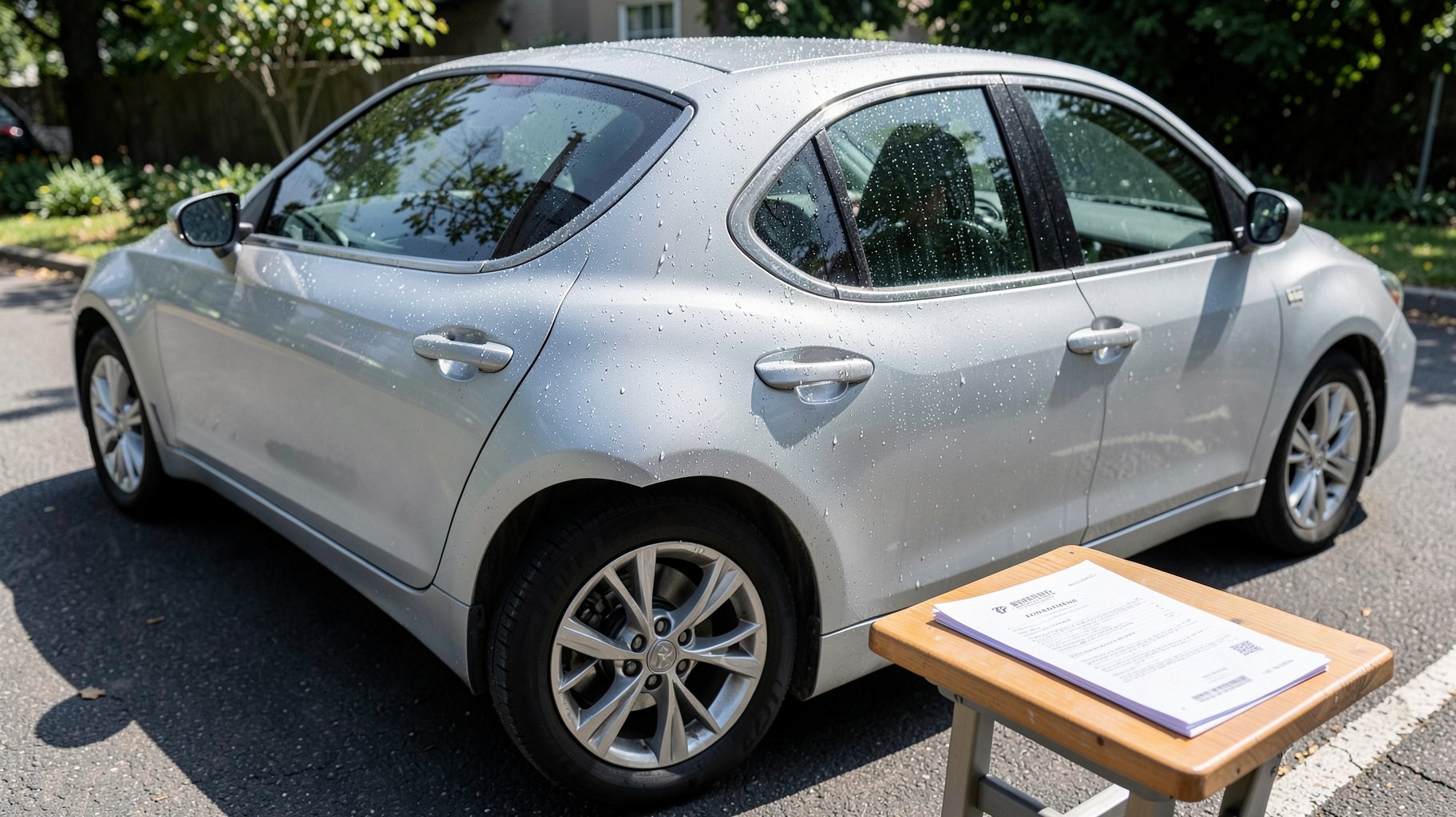 洗車を終えたセダンと査定準備の書類